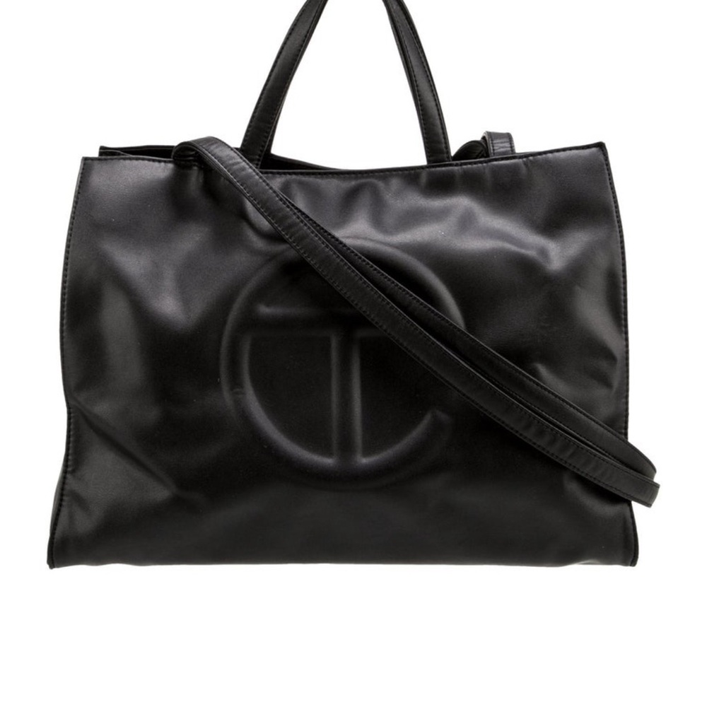 Telfar Black Tote with Embossed Logo and Adjustable Strap